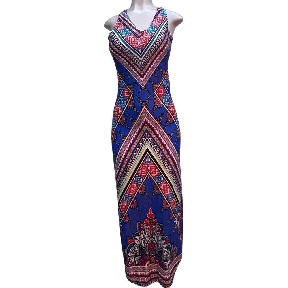 Boho Tribal Maxi Dress Women's S/M Multi Geometric V-neck Sleeveless Racerback
